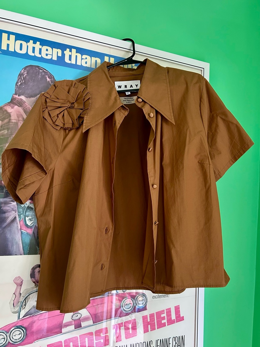 Wray NYC brown short sleeved button down shirt with fabric rosette